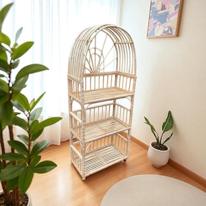 Tall Boho Rattan Shelf, Freestanding 4-Tier Wicker Bookcase for Home Storage, Eco-Friendly Handmade Furniture for Plants, Towels, or Decor