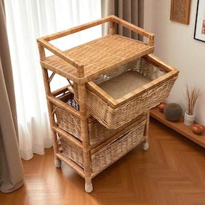 Small Wicker Nightstand With Doors, Boho Rattan Storage Table For Bedroom, Rustic Bookshelf Cabinet, Natural Shelf For Plants Or Home Decor