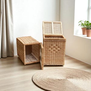 Panier à linge en osier avec couvercle, panier de rangement en osier pour salle de bain pour vêtements et couvertures, poubelle de rangement en rotin naturel pour salon chambre
