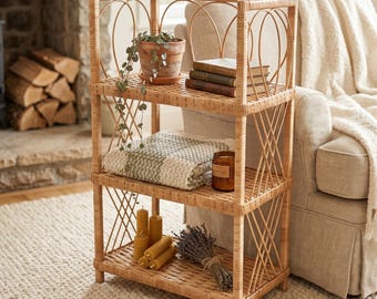Natural Wicker Shelf Unit, 3 Tier Storage Rack for Plants, Books or Towels, Boho Cane Furniture for Kitchen, Bathroom or Bedroom Decor