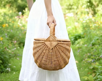 Cesta de picnic de mimbre con tapa para aventuras, picnics en la playa, cesta de camping, viajes y compras en el mercado, cesta tejida para comida y regalos.
