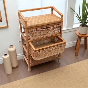 Boho Rattan Nightstand With Doors, Small Wicker Cabinet For Storage Or Display, Rustic Shelf Table For Bedroom, Cozy Plant Or Book Holder