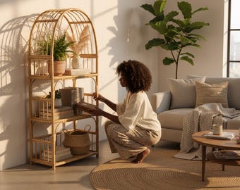 Arched Wicker Shelf, Handmade Rattan Storage Unit with 3 Levels, Boho Cane Bookcase for Plants,Towels, or Decor, Eco Friendly Home Furniture