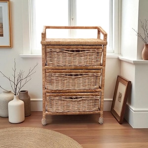 Boho Wicker Shelf With Doors, Small Rattan Cabinet For Storage Or Display, Wood Table For Bedroom,Natural Bookshelf For Plants Or Cozy Decor