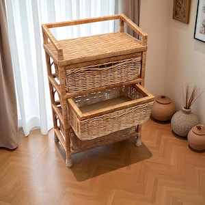 Natural Wicker Cabinet With Shelf And Doors, Rustic Rattan Nightstand For Bedroom, Small Table For Plants, Books Or Cozy Home Decor Space