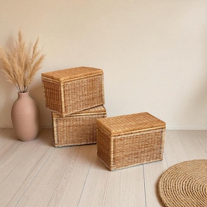 May include: Three rectangular woven wicker storage boxes with lids are stacked, with a fourth nearby, on a light wood floor. A pink vase with dried pampas grass is in the background. A round woven mat is on the floor.
