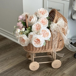 Rieten kinderwagen, natuurlijke poppenwagen, duwspeelgoed voor peutermeisjes, milieuvriendelijke speelgoedmand, opberger kinderkamer, poppenwagen voor kinderen
