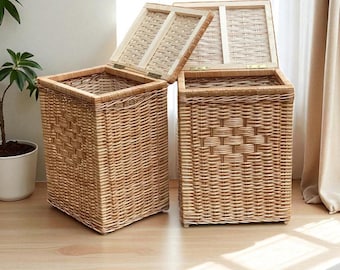 Large Wicker Laundry Basket With Lid | Handmade Rattan Storage Hamper For Clothes,Natural Round Cane Organizer Bin For Bathroom Bedroom Home