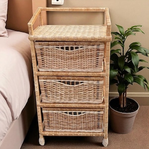 Natural Rattan Shelf Cabinet With Doors, Small Wicker Table For Bedroom Or Living Room, Rustic Storage Unit For Books, Plants, Or Boho Decor