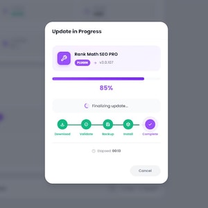 May include: A white screen shows a software update for Rank Math SEO PRO in progress. The progress bar is at 85%, with steps for download, validate, backup, install, and complete. The elapsed time is 00:13.