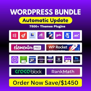 以下が含まれることがあります： 「WORDPRESS BUNDLE」と「Automatic Update」のテキストが入った、WordPressバンドルを宣伝する紫色のグラフィック。さまざまなプラグインとテーマのロゴが含まれており、「7500+ Themes Plugins」のテキストがあります。下のバナーには「Order Now Save/$1450」と書かれています。