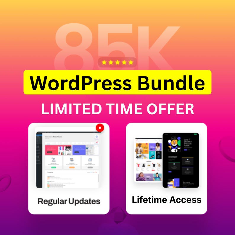 Op de afbeelding: Een promotionele afbeelding met een verloopachtergrond van roze, oranje en geel. De tekst "WordPress Bundle" staat in een gele rechthoek. Daaronder staat de tekst "LIMITED TIME OFFER". Er worden twee schermen van digitale apparaten getoond, &eacute;&eacute;n met "Regular Updates" en de andere met "Lifetime Access".
