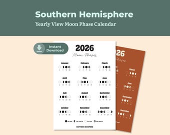 May include: A white 2026 moon phase calendar for the Southern Hemisphere, with each month's phases displayed. The calendar includes the text "Instant Download" and is set against a light background with a complementary burnt orange calendar visible.