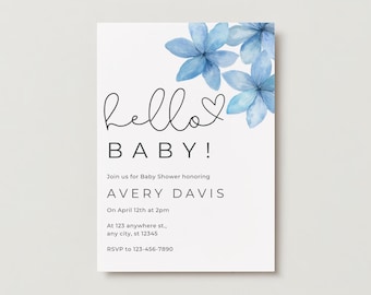 Baby shower invitation template, baby shower invitation, blue baby shower invitation, baby shower, flower invitation
