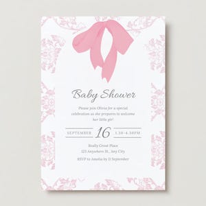 Girl baby shower invitation, pink bow baby shower invitation, baby shower invitation template, invitation template, pink invitation template