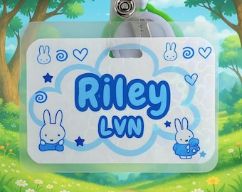 Custom Dreamy Miffy Name Badge | Personalized Glitter Holographic ID Tag | Cute Blue Nurse/Work Badgeback | Kawaii Work Accessory