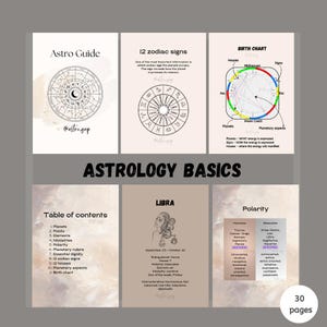 May include: A collection of six informational pages titled Astrology Basics, featuring diagrams of zodiac signs, a birth chart, a table of contents, and a detailed profile for Libra. The pages include text, line art, and a 30-page indicator.