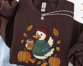 Trendy Cute Fall Duck Sweatshirt, Cozy Autumn Coffee Shirt, Pumpkin Patch Duck Shirt, Preppy Duck Pullover, Trendy Thanksgiving Sweater
