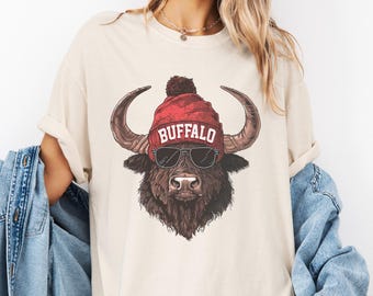 Comfort Colors Buffalo Mascot Shirt, Game Day Shirt, Unisex Crewneck Adult Shirt, Bills Football Shirt, Buffalo Long Short Sleeve Shirt