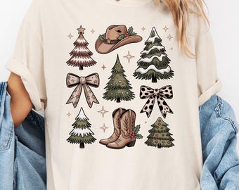 Comfort Colors® Western Christmas Coquette Shirt, Country Christmas Shirt, Howdy Christmas Girly Shirt, Cowboy Boots Hat Christmas Shirt