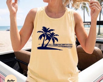 Sunset Shirt, Comfort Colors® Sun Ocean Summer Tank Top Shirt, Trendy Beach Tee, Cute Minimalist Summer Tee