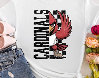 Retro Cardinal Mascot Graphic Shirt, Distressed Sports Bird Design, Red Cardinals School Mascot For Kids, Go Cardinals, Red Bird Cardinal