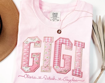 Personalized Gigi Shirt With Grandkids Names, Comfort Colors® Floral Faux Patchwork Grandma Tee, Mothers Day Gift For Nana, New Gigi Gifts