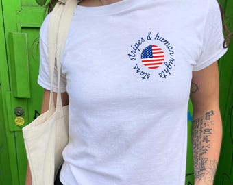 Stars, Stripes And Human Rights Baby Tee, Liberal Fourth of July Protest Baby Tee, Progressive Baby Tee, Anti Trump Y2k Style 90's Baby Tee