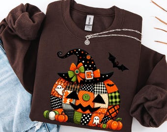 Retro Patchwork Halloween Pumpkin Sweatshirt, Halloween Pumpkin Shirt, Spooky Season Sweater, Halloween Cute Women Outfit, Halloween Gift