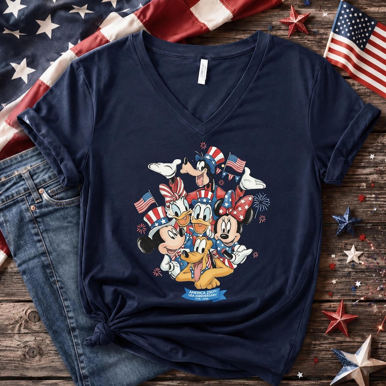 Może przedstawiać: Granatowa koszulka z dekoltem w serek z grafiką postaci Disneya: Myszki Miki, Myszki Minnie, Kaczora Donalda, Daisy, Goofy'ego i Pluto, wszyscy w patriotycznych strojach. Projekt zawiera amerykańskie flagi i fajerwerki.