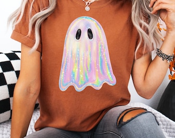 Shimmering Ghost Shirt, Iridescent Ghost Tee, Pastel Halloween T-Shirt, Glitter Ghost Comfort Colors Tee, Spooky Season Aesthetic Shirt