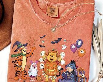 Camiseta retro de Winnie the Pooh para Halloween, camiseta de Pooh con colores cómodos, camiseta familiar de Pooh para Halloween, camiseta de Pooh y sus amigos para Halloween