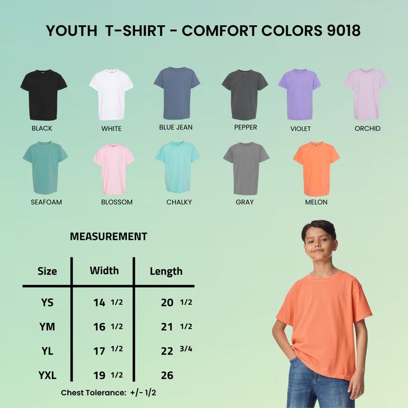 May include: A youth t-shirt in melon color is modeled. The image displays a color chart of t-shirts in various colors, including black, white, blue jean, pepper, violet, orchid, seafoam, blossom, chalky, and gray. Measurement chart included.