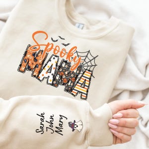 Custom Halloween Spooky Mama Sweatshirt with Kids Name on Sleeve Sweatshirt, Cool Mama Halloween Sweatshirt, Mama Halloween Gift,Custom Mama