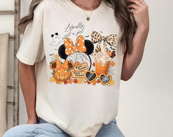 Comfort Colors® Disney Literally Just A Girl Halloween Shirt, Disney Girl's Trip Minnie Bow Coffee Tee Disneyland Halloween 2025 Trip Shirt
