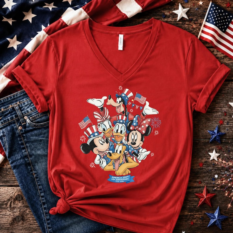 Może przedstawiać: Czerwona koszulka z dekoltem w serek z patriotycznym wzorem z postaciami Disneya Myszki Miki, Myszki Minnie, Kaczora Donalda, Kaczki Daisy, Goofy'ego i Pluto. Wz&oacute;r zawiera amerykańskie flagi i fajerwerki.