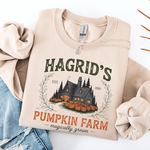 May include: Beige sweatshirt with the text "Hagrid's Pumpkin Farm" and a graphic of a house, pumpkins, and trees. The sweatshirt has a crew neck and long sleeves. A silver necklace with a sun pendant is on the sweatshirt.
