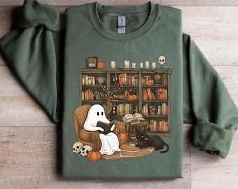 Retro Ghost Reading Books Sweatshirt, Librarian Ghost Halloween, Halloween Teacher Sweatshirt, Halloween Shirt, Teacher Gift, Boo School