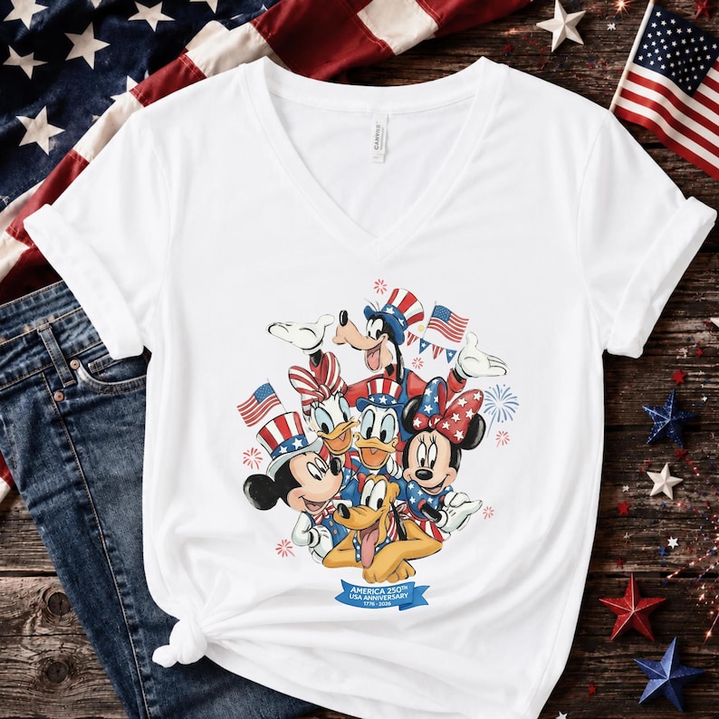 Może przedstawiać: Biała koszulka z dekoltem w serek z grafiką postaci Disneya: Myszki Miki, Myszki Minnie, Kaczora Donalda, Kaczki Daisy, Goofy'ego i Pluto, wszyscy w patriotycznych strojach. Projekt zawiera amerykańskie flagi i fajerwerki. Niebieski baner głosi "America 250th Anniversary".