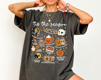 Vintage Halloween Comfort Colors® Shirt, Tis' the Season, Retro Halloween Aesthetic, Women's Halloween Pumpkin Witch Graphic Tee