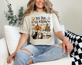 Retro Halloween Shirt, Tis' the Season, Vintage Halloween Aesthetic, Women's Halloween Shirt, Pumpkin Ghost Oversized Shirt
