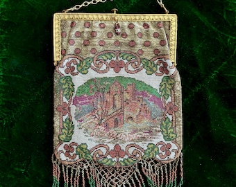 Antique Victorian MICRO BEADED PASTORAL Castle Scene Purse, w/ Metallic In Bright Orange Copper, Green, Silver-White with Gold Colored Frame