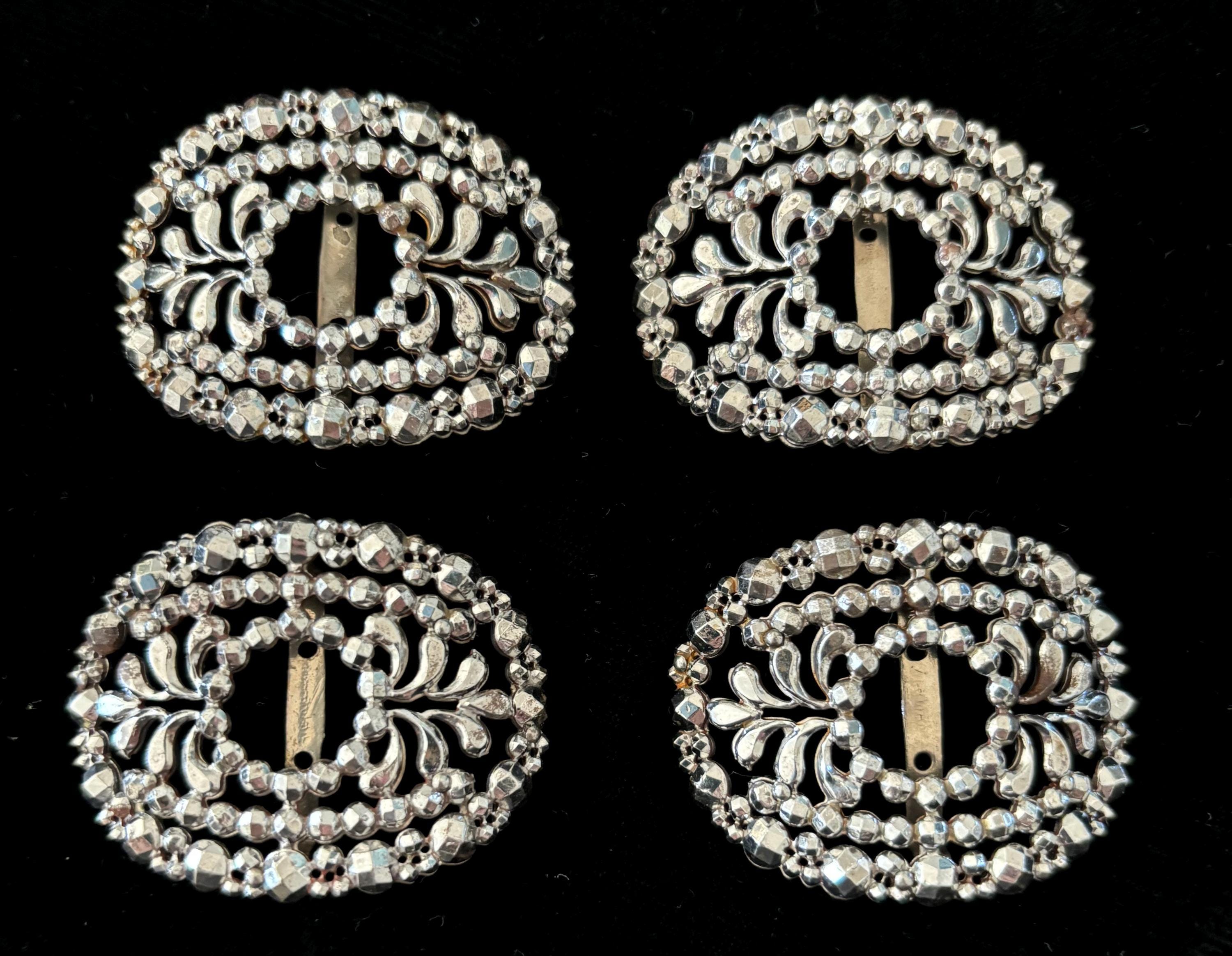 Antique RARE SET OF 4 French Cut Steel Shoe Buckles, 1800's Victorian Shoe Buckles Made in France