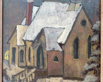 Elsie Rubin (ca. 1956) schilderij van een met sneeuw bedekt dorp met witte torenspitsen, olieverf op bord