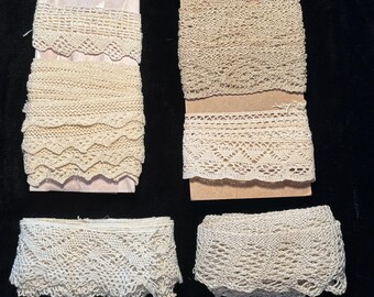 Lot de GARNITURE EN DENTELLE ANTIQUE (vintage) - Plus de 20 mètres ! 6 types de lacets aux canettes, au crochet et en tricot