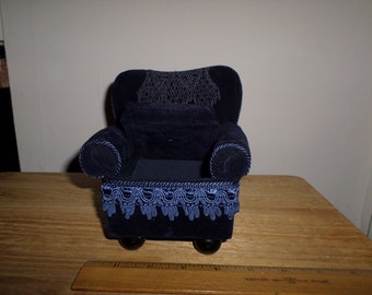 Rare Vintage Dark Blue Collectible Fabric Pin Cushion Chair -  Very Good Condition