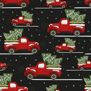 May include: A seamless pattern featuring red vintage pickup trucks carrying Christmas trees with the words "Peace love joy" written on them. The trucks are on a black background with white stars and gold glitter.
