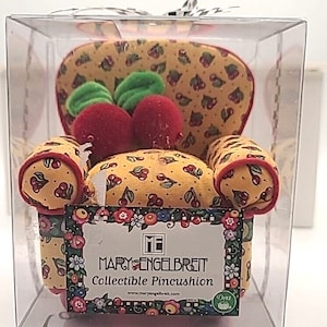 Vintage Mary Englebright Cherries Yellow Pin Cushion Chair - Dated 2001 on the cushion label - MIB