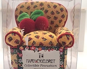 Vintage Mary Englebright Cherries Yellow Pin Cushion Chair - Dated 2001 on the cushion label - MIB
