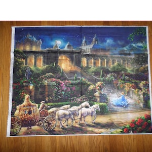 May include: A Cinderella-themed fabric panel featuring a white horse-drawn carriage with a golden carriage and a blue-dressed Cinderella figure standing on a stone staircase in front of a castle.